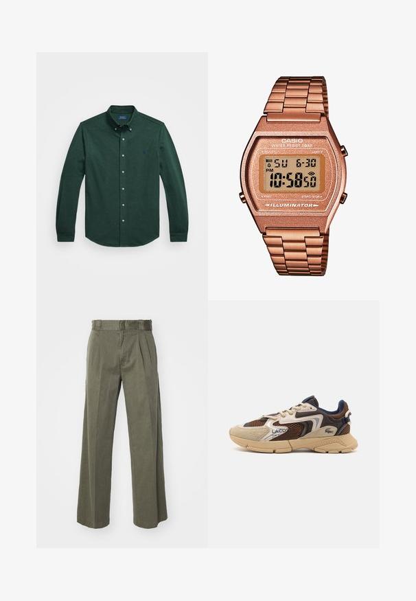 Mörkgrön långärmad skjorta med knappar, knäppt krage och liten broderad logotyp på vänster bröst mot vit bakgrund.; Olivgröna byxor med en lös, bred benstil och framfållar. Tillverkade av texturerad tyg med standard midjeband och ingen synlig metall.; Beige och bruna sneakers med texturerade meshpaneler, mockadetaljer och gummisulor. Har snörningsdesign och varumärkesdetaljer.; Digital Casio-klocka med armband i roséguld, rektangulärt hölje, belyst display och vattentålighet, som visar tid och datum.