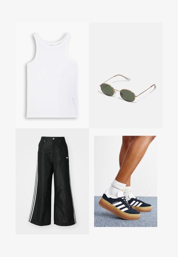 Balta medvilninė marškinėliai be rankovių su plačiomis petnešomis, apvaliu kaklu ir lygia, raibuliuojančia tekstūra. Nėra jokių raštų ar akcentų.; Juodos plačios džinsinės kelnės su trimis baltais juostelėmis kiekvienoje pusėje ir mažu baltu logotipu. Yra priekiniai kišenės ir sagčių užsegimas.; Juodi zomšiniai sportbačiai su baltais dryžiais ir akcentais, apvalios nosies, guminio, gumos pado, derinami su baltais raitytais vidutinio ilgio kojinaitėmis.; Auksinės metalinės saulės akinių rėmo ovalūs žali lęšiai, ploni šonai ir skaidrūs gumos antgaliai patogumui. Minimalistinis dizainas be matomo prekės ženklo.; Tan spalvos rankinė su juodais lakuotais akcentais, apvalios formos, su dviem rankenomis ir įspaustu juodu logotipu priekyje.