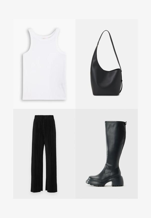 Top de bumbac alb fără mâneci, cu bretele late, decolteu rotund și o textură netedă, cu rigle. Fără modele sau accente prezente.; Pantaloni negri plisati cu talie elastică. Prezintă picioare largi și un material neted, texturat, cu dungi verticale.; Cizme lungi din piele neagră cu talpă platformă masivă și tocul pătrat, având un tab de tragere și un model texturat pe talpa exterioară.; Geantă hobo din piele neagră, cu o textură netedă, formă curbată și un singur bretele ajustabil; are o deschidere largă în partea de sus.