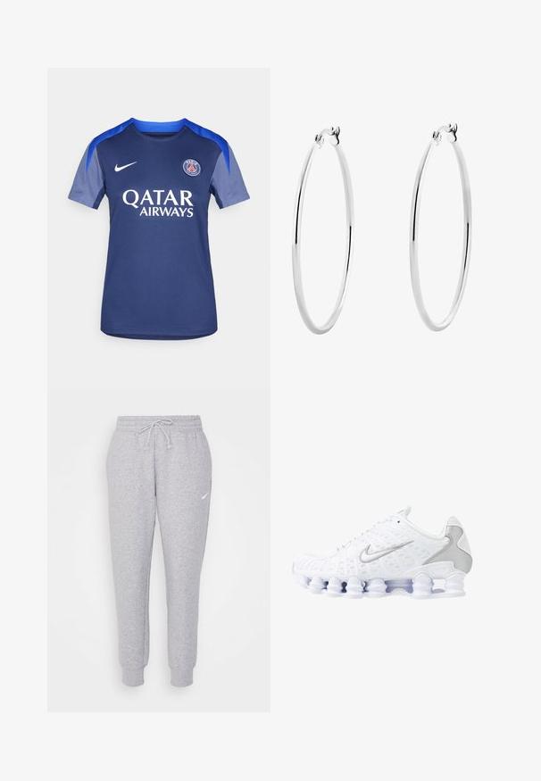 Jersey de fútbol de Nike en azul marino con cuello redondo, mangas cortas y detalles en gris. "QATAR AIRWAYS" impreso en blanco. Logo del equipo en el pecho.; Pantalones de chándal de color gris claro con cintura ajustable, piernas ajustadas y un pequeño logo blanco en el muslo izquierdo. Hechos de una tela suave y texturizada.; Zapatillas deportivas blancas con parte superior de malla, acentos plateados y un diseño de suela de bobina único. Cuenta con un collar acolchado y cierre de cordones para un buen ajuste.; Pendientes de aro de plata con una superficie lisa y pulida y una forma circular delgada. El diseño cuenta con un cierre seguro.