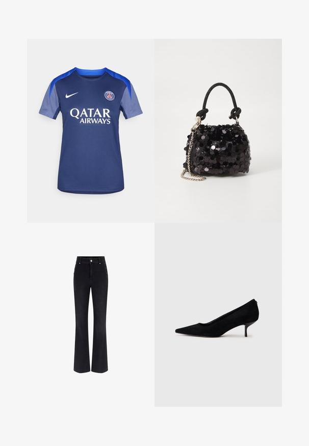 Maglia da calcio Nike blu navy con collo rotondo, maniche corte e dettagli grigi. "QATAR AIRWAYS" stampato in bianco. Logo della squadra sul petto.; Jeans a zampa d'elefante in denim nero con vita alta, design a cinque tasche e dettagli metallici sui lati. Tessuto morbido e vestibilità classica.; Scarpa nera in suede con tacco alto appuntito e tacco sottile e basso. Texture liscia con un design elegante, priva di accessori visibili.; Mini borsa a tracolla nera in paillettes con una tracolla texturizzata annodata e catena argentata. Forma rotonda con parte superiore arricciata e dettagli riflettenti.