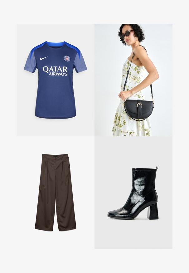 Navy blue Nike football jersey featuring a round neckline, short sleeves, and gray accents. "QATAR AIRWAYS" printed in white. Team logo on chest.; Wide-leg trousers in dark brown fabric with a smooth texture. Features include pleats at the front and a standard waistband.; Black patent ankle boot with a square toe and chunky geometric heel. Features a smooth, shiny texture and a rear pull tab for easy wear.; Black leather handbag with a curved shape, detachable strap, and gold hardware. The bag features a flap with a buckle detail.