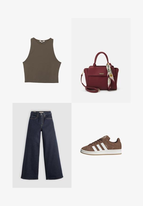 Top corto senza maniche marrone con scollatura rotonda, realizzato in tessuto liscio, caratterizzato da un design semplice e aderente con bordi puliti.; Jeans in denim a gamba larga di colore blu scuro con cuciture a contrasto. Caratterizzati da un design tradizionale a cinque tasche e chiusura a bottone in vita.; Sneakers in suede marrone con strisce in pelle bianca, suola in gomma, punta rotonda e lacci. Presentano un logo sulla linguetta e dettagli perforati.; Borsa borgogna realizzata in materiale sintetico con un design strutturato, dotata di tracolla removibile e un foulard a motivi floreali legato al manico.