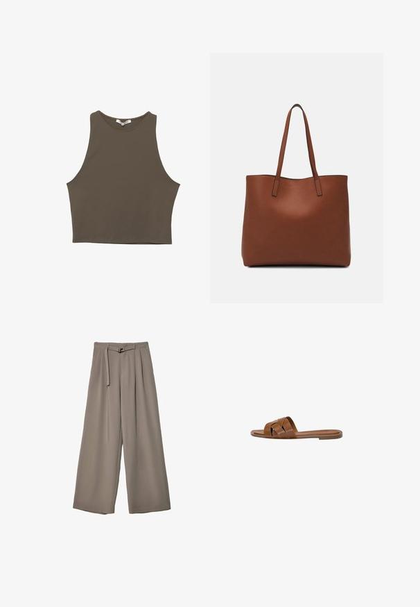 Brown sleeveless crop top with a round neckline, made of smooth fabric, featuring a simple, fitted design and clean edges.; Wide-leg trousers in a soft, muted grey fabric, featuring a belted waist and pleats for added design detail. Smooth texture, no patterns.; Brown leather slide sandal with crossed straps, flat sole, and a smooth texture. Simple design without embellishments or patterns.; Brown leather tote bag with a smooth texture, open top design, and two shoulder straps. Features minimal stitching and no visible hardware.