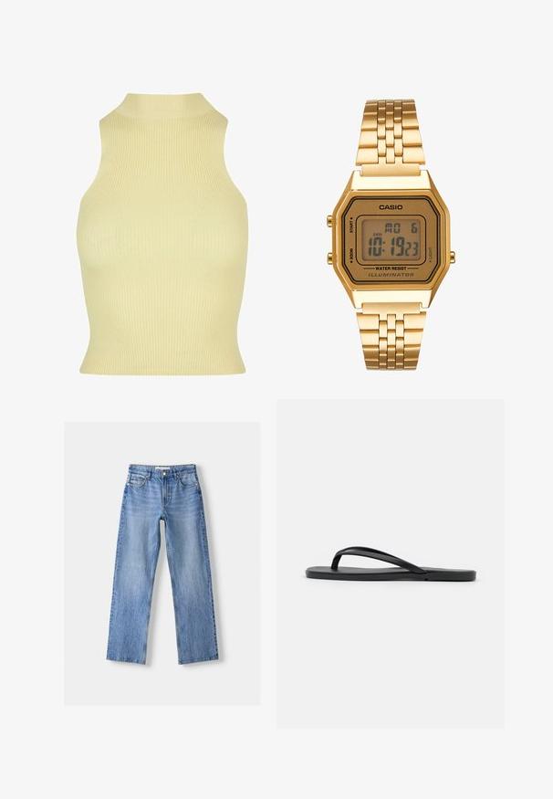 Geribbelde mouwloze top in zacht geel, met een hoge hals en een nauwsluitende pasvorm. Gemaakt van een rekbare breisel voor comfort.; Lichtblauwe denim jeans met een rechte pasvorm, voorzien van vijf zakken, een knoopsluiting aan de voorkant en subtiele vervaging voor textuur.; Zwarte flip-flop met een minimalistisch ontwerp, een platte zool, smalle banden en een gladde textuur. Geen extra patronen of accenten.; Gouden digitale klok met een rechthoekige wijzerplaat, LCD-display, roestvrijstalen band en knoppen aan de zijkant. Bevat een waterdicht label.