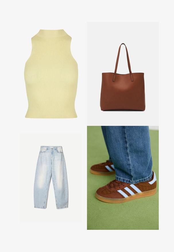 Ribbad ärmlös topp i mjuk gul färg, med hög hals och en tät passform. Tillverkad i ett elastiskt stickat tyg för komfort.; Ljust blå denimjeans med en lös passform, med en urblekt finish, två framfickor och en knappstängning vid midjan.; Bruna Adidas-sneakers med vita ränder och gummisulor, bärs med blå jeans på grön matta.; Brun läder tote-väska med en slät textur, öppen toppdesign och två axelremmar. Har minimal söm och ingen synlig metalldetalj.