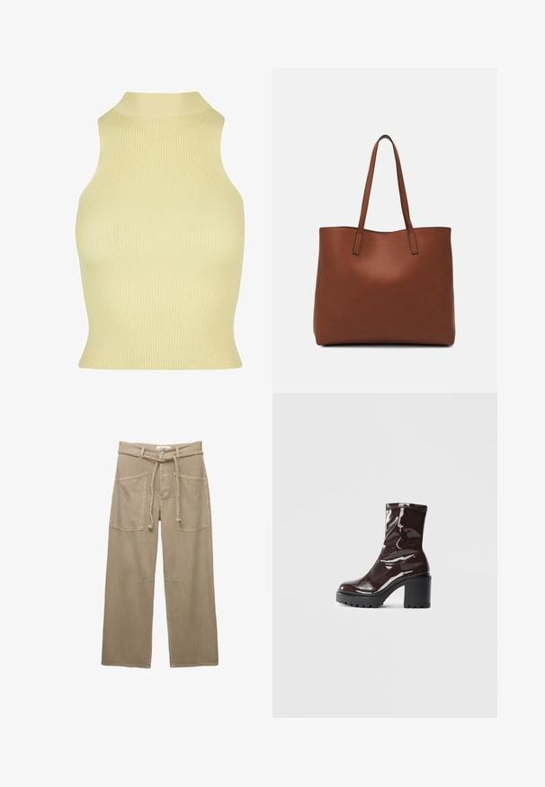 Ribbad ärmlös topp i mjuk gul färg, med hög hals och en tät passform. Tillverkad i ett elastiskt stickat tyg för komfort.; Beige vida byxor gjorda av hållbart tyg, med stora framfickor, ett flätat bälte och subtila sömdetaljer.; Glansig bordeauxfärgad ankelsko med en kraftig svart klack, som har en slät yta och enkel design. Inga synliga stängningar eller mönster.; Brun läder tote-väska med en slät textur, öppen toppdesign och två axelremmar. Har minimal söm och ingen synlig metalldetalj.