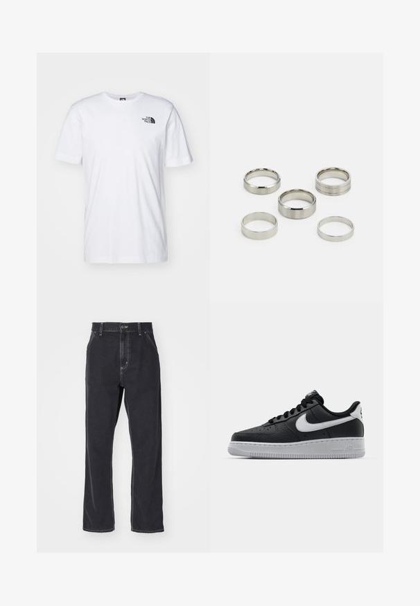 Valge puuvillane T-särk, millel on must The North Face logo vasakul ülemisel rinnal. Lühikesed varrukad ja ümmargune kaelus.; Mustmustheegid musta värvi denim püksid sirge lõikega, varustatud tõmblukuga, viie taskuga ja kontrastõmblustega õmbluste ääres.; Must musta sneaker tekstureeritud pinnaga, valge Nike logo, hall tald, ümar varv ja paeltega disain. Omab perforatsioone varbakasti peal.; Viie metallist rõnga komplekt erinevates laiuses, millel on siledad, poleeritud ja harjatud pinnad; värvid varieeruvad läikivast hõbedasest kuni matini.