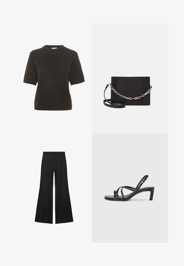 Kratki rukav džemper od tamnosivog pletiva. Okrugli izrez, mekana tekstura i opušteni kroj s minimalnim šavovima.; Crne široke hlače s glatkom teksturom, koje imaju prednje nabore i kroj po mjeri. Tkanina je lagana i lepršava.; Crne sandale s trakama, kvadratnim prstom i niskom blok petom. Ima više tankih trakica i podesivu trakicu oko gležnja. Izrađene su od glatke kože.; Crna kožna torba preko tijela s glatkom teksturom, pravokutnim oblikom i metalnim lancem na prednjoj strani. Uključena je podesiva naramenica.