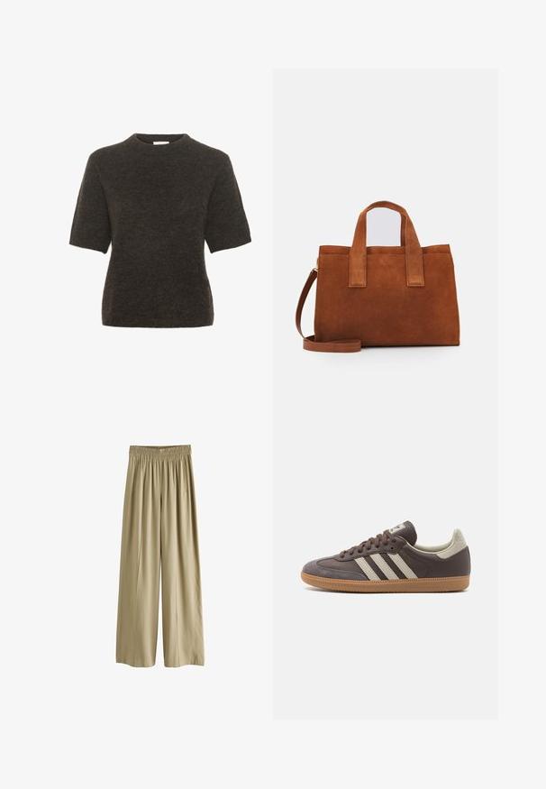 Tamsiai pilkos spalvos trumpų rankovių megztinis. Apvalus kaklas, minkšta tekstūra ir laisvas siluetas su minimaliais siūlais.; Smėliniai plačių kojų kelnės su elastinga juosmeniu ir šoninėmis kišenėmis, pagamintos iš lygaus, lengvo audinio.; Rudos odinės sportinės bateliai su trimis šviesiomis juostelėmis, guminėmis apačiomis, apvaliu nosiu ir tekstūruotais zomšos akcentais ant kulno ir nosies.; Ruda nubuko odinė rankinė su dviem viršutiniais rankenomis ir reguliuojamu peties diržu. Pasižymi struktūrine forma ir minimalistiniu dizainu.