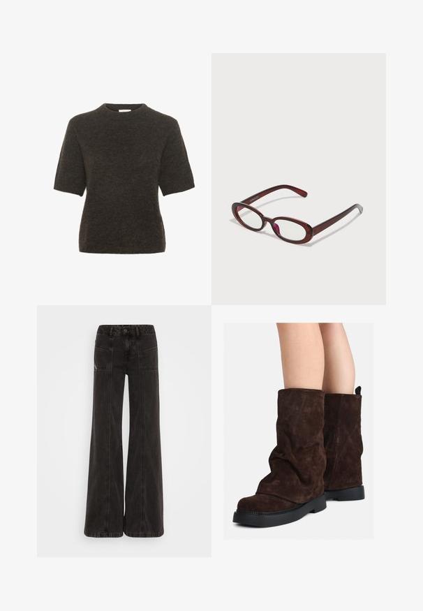 Kurzarmpullover aus dunkelgrauem Strickstoff. Rundhalsausschnitt, weiche Textur und eine lockere Passform mit minimalen Nähten.; Schwarze weit geschnittene Jeans aus Denim, mit hoher Taille, frontalen Taschen und tonal abgesteppten Nähten.; Braune Wildleder-Stiefel bis zur Wade mit schwarzen Gummisohlen, die an nackten Beinen getragen werden und leichte Faltenbildung an den Schafthaltern aufweisen.; Ovale rote Sonnenbrillen mit klaren Gläsern und schlanken braunen Fassungen. Das Design weist sanfte Kurven und minimalen Hardwareeinsatz auf.