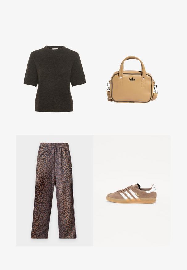 Kurzarmpullover aus dunkelgrauem Strickstoff. Rundhalsausschnitt, weiche Textur und eine lockere Passform mit minimalen Nähten.; Leopardmuster-Hosen mit einem elastischen Bund. Hergestellt aus einem glänzenden Stoff, mit einem braunen Grundton und schwarzen Flecken sowie einem lockeren Schnitt.; Braune Wildledersneaker mit drei weißen Streifen, goldenem "Gazelle"-Logo und Gummi-Sohle. Verfügt über eine gepolsterte Zunge und Ferse für zusätzlichen Komfort.; Beige veganes Lederhandtasche mit zwei Griffen, abnehmbarem Schultergurt, schwarzen Akzentnähten und einem kleinen schwarzen Logo auf der Vorderseite.