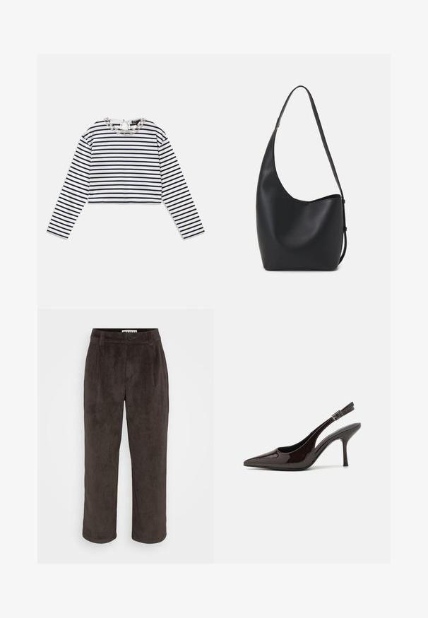 Črtasta bluza z dolgimi rokavi v beli in mornarsko modri barvi, krajša zasnova z okroglim izrezom, ki ima dekorativno srebrno verižico na ovratniku.; Rjave kordurojske hlače s ravnim krojem, subtilno teksturo ter sprednjim gumbom in stranskimi žepi.; Slingback visoke pete v sijajni temno rjavi lak koži, koničastim nosom, odprtimi stranmi in nastavljivim gležnjenčkim trakom.; Črna usnjena hobo torba z gladko teksturo, ukrivljeno obliko in eno nastavljivo naramnico; ima širok odprtina na vrhu.