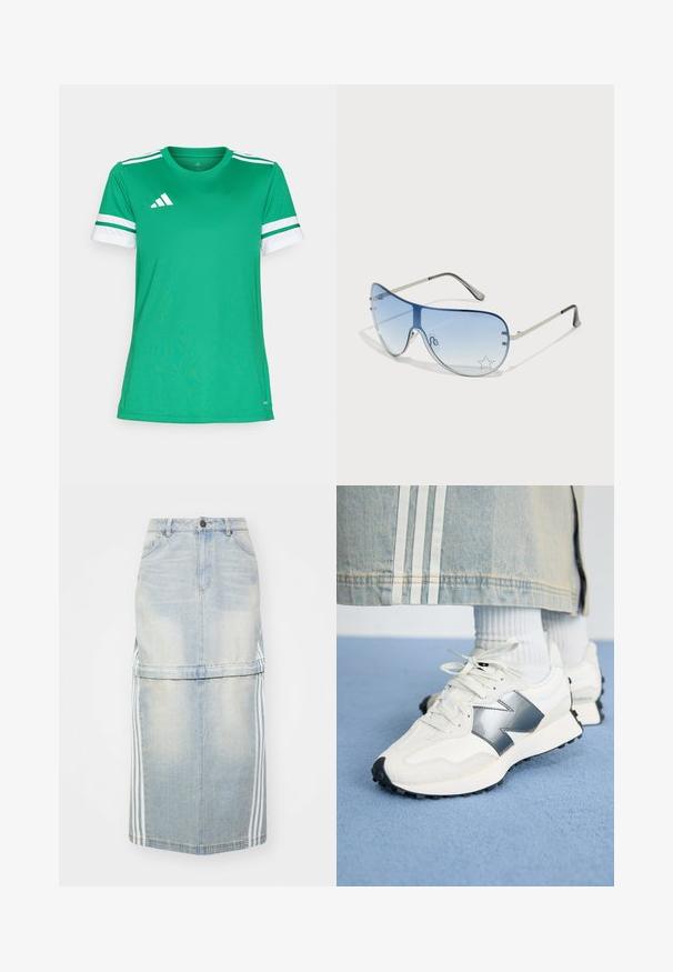 Zöld sportpóló könnyű anyagból, kerek nyakkal, fehér csíkozott ujjakkal és egy logóval a bal felső sarokban.; Világoskék farmer midi szoknya, oldalsó csíkokkal, testhezálló derékkal és elülső zsebekkel. A kopott textúra részletgazdagságot biztosít.; Fehér sportcipők ezüst díszítéssel, texturált anyagból és sima bőrből; fekete gumitalppal és fűzőkkel.; Pilóta napszemüveg, melynek áttetsző kék lencséje, ezüst fém kerete és díszes csillag díszítések találhatók a lencsén. Simogató és elegáns dizájn.