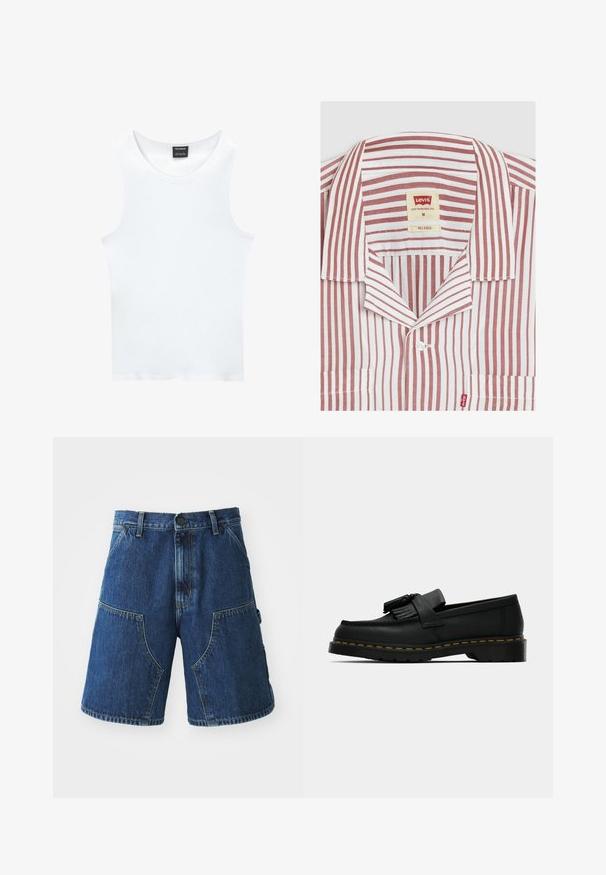 Witte mouwloze tanktop van ribgewoven katoen. Heeft een ronde halslijn en een gladde textuur. Etiket leest "PULL&BEAR."; Rood-wit gestreept shirt met een relaxte kraag, een borstzak en een Levi's merklabel in de binnenste hals. Van katoen.; Denim shorts met een donkere blauwe wassing, voorzien van grote voorzakken, een knoopsluiting en zichtbare stiksels langs de naden.; Zwarte leren instapper met kwastjes, gele stiksels langs de zool en een dikke, gegroefde rubberen buitenzool.