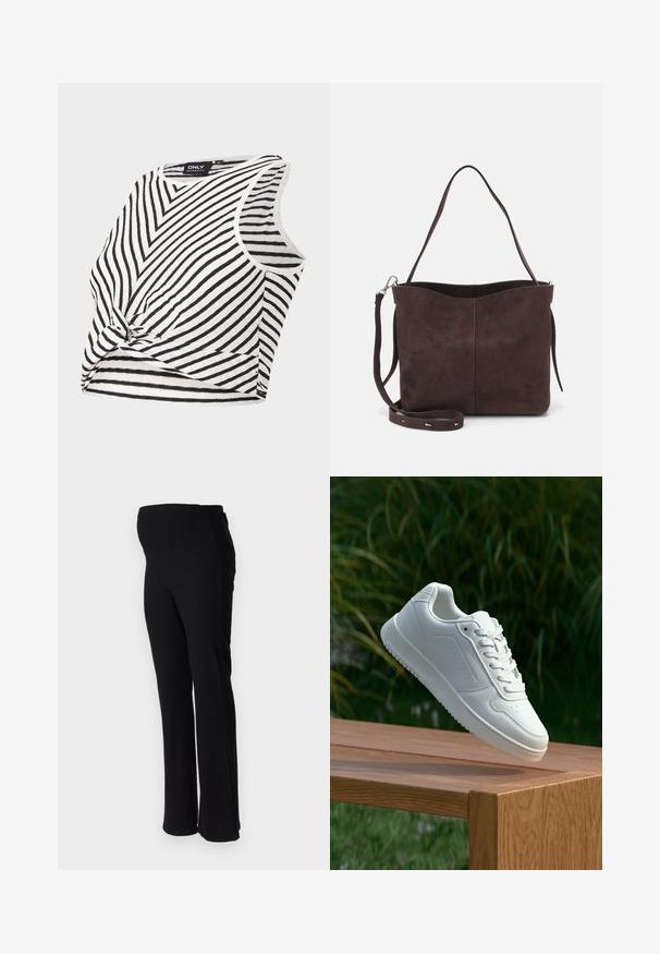 Těhotenský top s černobílými pruhy, bez rukávů, s uzlovým detailem na přední straně, má žebrovanou texturu a kulatý výstřih.; ONLY MATERNITY OLMHALLE - Kalhoty - black; Bílé tenisky s hladkým syntetickým svrškem, perforovanou špičkou, plochými tkaničkami a texturovanou podrážkou, vystavené na dřevěném povrchu.; Hnědá semišová taška přes rameno s jemnou texturou, vybavená jedním popruhem na rameno a decentním zakřiveným horním otvorem. Žádné viditelné detaily z hardware.