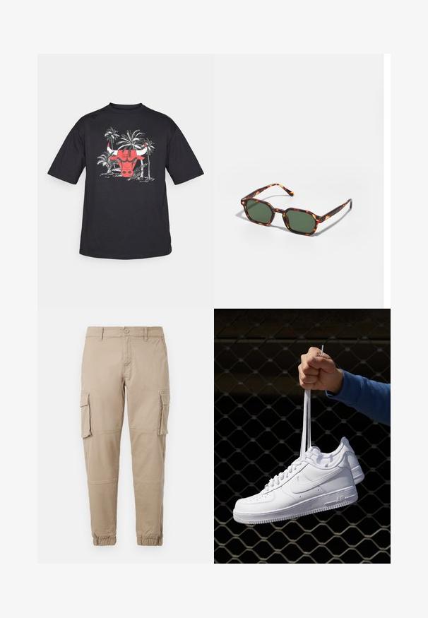 Svart t-skjorte med kort erm og grafikk av et rødt oksehode, omgitt av hvite palmeillustrasjoner. Laget av bomull, avslappet passform.; Beige cargo bukser i let bomuldsmateriale. Har elastiske manchetter, flere sidelommer og en knaplukning.; Hvite skinnsneakers med perforeringer, rund tå, flat såle og tykke lisser, med en synlig swoosh-logo og "AIR" på hælen.; Skilpaddeskall solbriller med grønne linser, i en oktagonal form og slanke, buede stenger. Materialet har en blank finish.