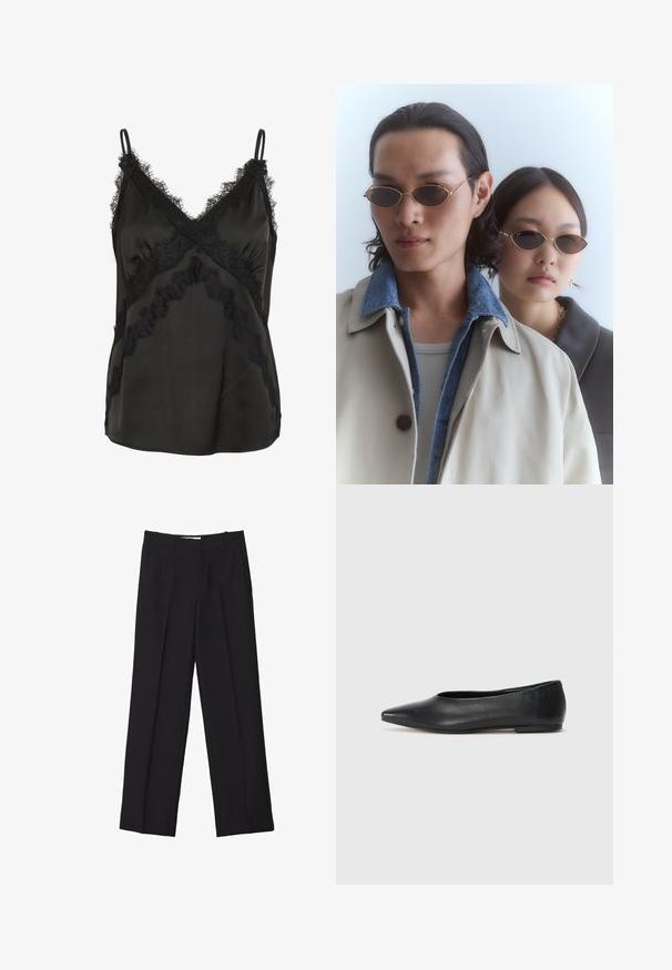 Črna satenska majica s čipkastim robom ob dekolteju in robu, z tankimi nastavljivimi naramnicami in gladkim, strukturiranim zaključkom.; Črne krojene hlače s ravnim krojem, ki vključujejo dvojne nabirke, gladko teksturo in subtilne sprednje šive.; Črne usnjene balerinke, koničast toe, minimalističen dizajn, gladka tekstura, nizka peta, brez vidnih kovinskih delov ali okraskov.; Sončne očala v zlatem okviru z ovalnimi lečami, ki jih nosita dve osebi. Ena nosi bež plašč z denim ovratnikom, druga pa temno majico z ovratnikom.