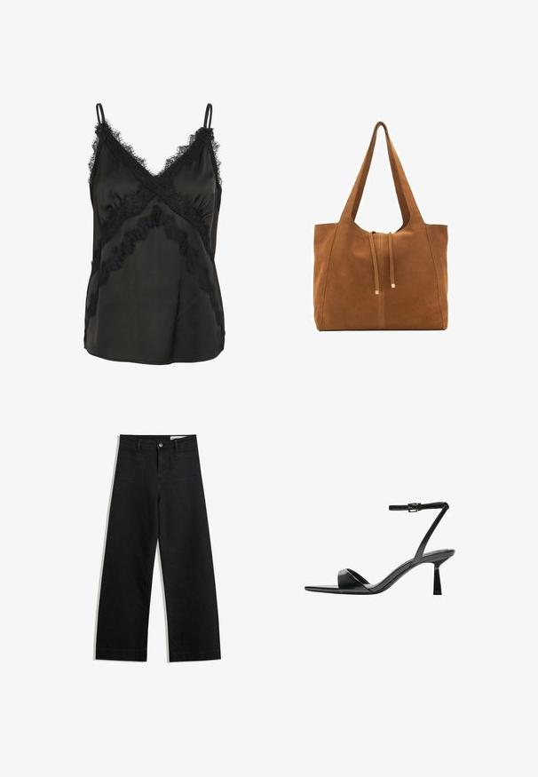 Black satin camisole featuring lace trim along the neckline and hem, with thin adjustable straps and a smooth, textured finish.; Black wide-leg denim pants with a high waist, featuring front and back pockets, stitched seams, and a button closure. Smooth texture.; Bershka High heeled sandals - black; Brown suede tote bag with two long straps, drawstring closure, and minimalistic design. Smooth texture and no visible hardware accents.