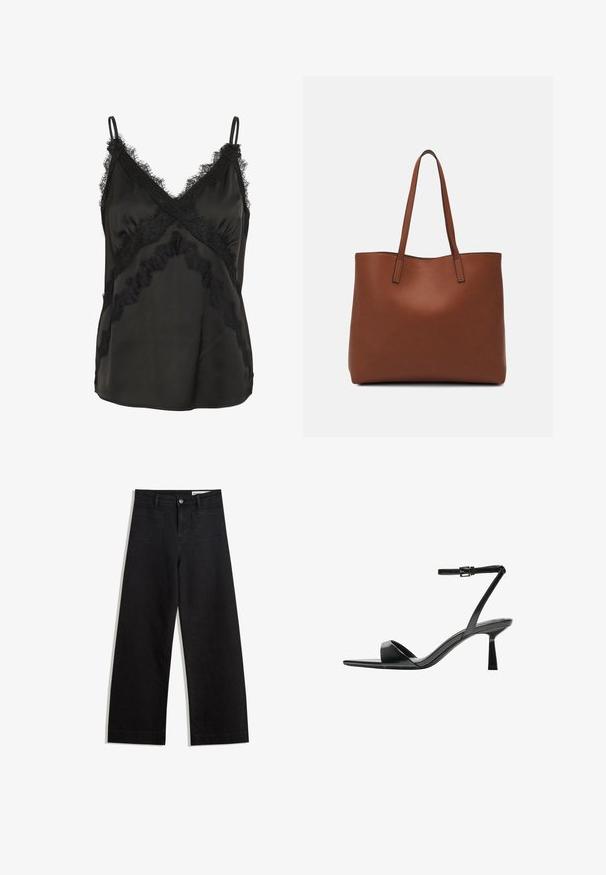 Czarna satynowa koszulka z koronkowym wykończeniem wzdłuż dekoltu i dolnego brzegu, z cienkimi regulowanymi ramiączkami i gładkim, teksturowanym wykończeniem.; Czarne dżinsowe spodnie o szerokich nogawkach i wysokim stanie, z przednimi i tylnymi kieszeniami, przeszyciami oraz zapięciem na guziki. Gładka struktura.; Bershka - Sandały na obcasie; Brązowa skórzana torba tote o gładkiej fakturze, z otwartym wierzchem i dwoma ramiączkami. Charakteryzuje się minimalnym przeszyciem i brakiem widocznych elementów metalowych.