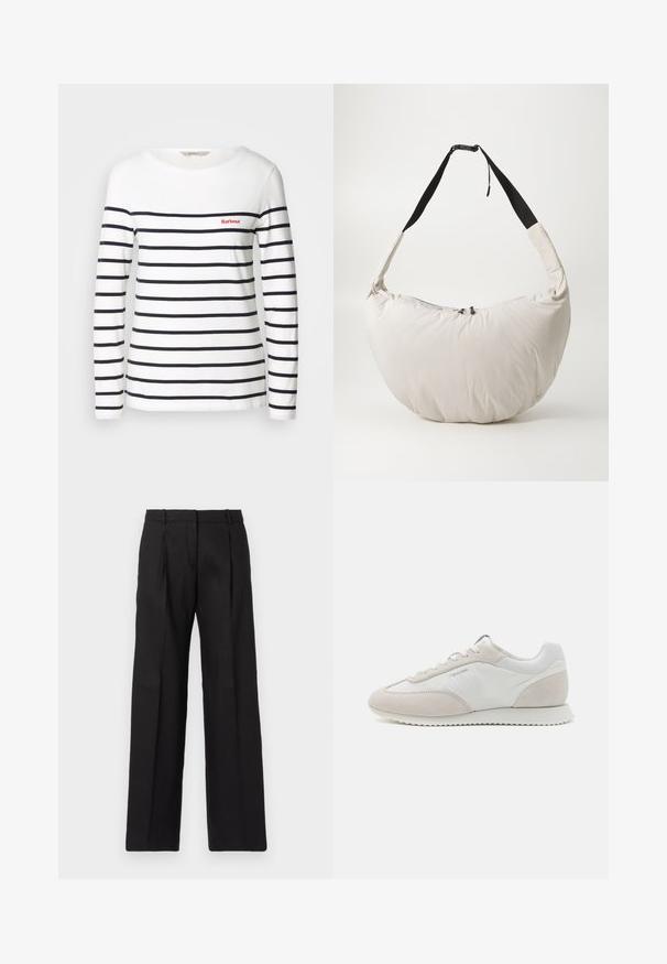 Hosszú ujjú csíkos póló fehér pamutból, vízszintes sötétkék csíkokkal és egy kis piros logóval a mellrészen. Klasszikus kerek nyakkivágás.; Fekete, szabott nadrág egyenes szárú fazonnal, éles redőkkel és sima textúrával. Könnyű anyagból készült.; Világos színű edzőcipők, fehér bőr és bézs velúr keverékével, textúrázott talppal és minimális logóval az oldalán.; Világos bézs színű, párnázott válltáska, félhold alakú. Fekete pánt, cipzáras záródás és diszkrét logó elöl. Puha tapintás.