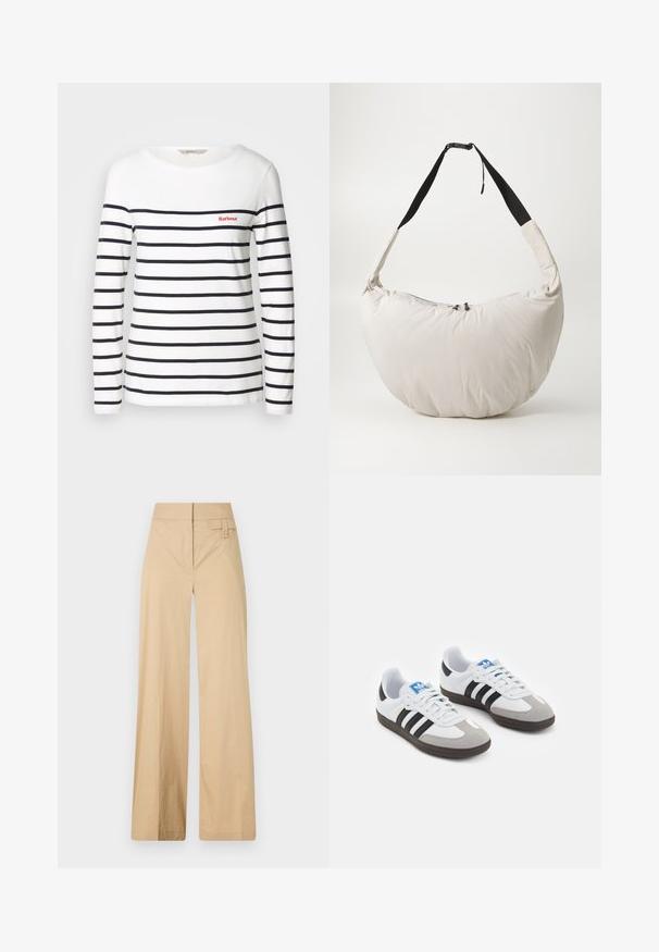 Tricou cu mânecă lungă, cu dungi, din bumbac alb, având dungi orizontale de culoare bleumarin și un mic logo roșu pe piept. Decolteu clasic rotund.; Pantaloni bej cu croi larg, dintr-un amestec de bumbac. Au o textură netedă, talie elastică și un detaliu cu buton lateral.; Încălțăminte sport cu un superior din piele albă, vârf din suede gri și trei dungi negre. Prezintă un logo albastru pe limbă și o talpă din cauciuc texturat.; Geantă de umăr căptușită, de culoare bej deschis, cu o formă curbată, în formă de semilună. Curea neagră, închidere cu fermoar și un logo subtil pe față. Textură moale.