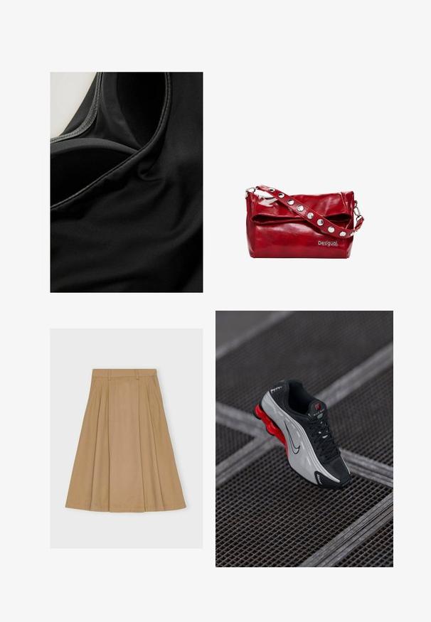 Sort stof med en glat overflade og en let glans, der viser sømme og folder, hvilket tyder på et strækbart materiale, potentielt til sportsbeklædning.; Knælang, plisseret nederdel i lysebrunt bomuld med en tætsiddende talje med bæltesløjfer og en lige kant.; Sort og grå atletisk sko med rød polstret sål, sorte snørebånd og swoosh-logo hvilende på metalgitteroverflade.; Rød syntetisk læder skuldertaske med en fold-over flap, sølvfarvede trykknapdetaljer på remmen og et trykt "Desigual" logo.