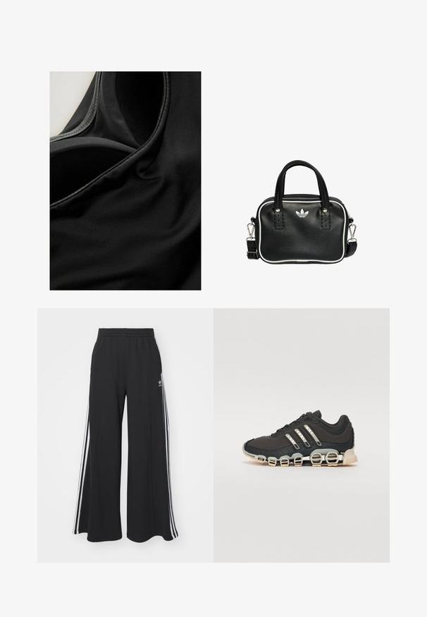 Zwarte stof met een gladde textuur en een lichte glans, zichtbaar met naden en vouwen, wat suggereert dat het een rekbaar materiaal is, mogelijk voor sportkleding.; Zwarte wijde sweatpants met een elastische tailleband, met witte zijstrepen en een geborduurd logo op de linker dij.; Zwarte sportschoen met een gestructureerde bovenkant, drie zilveren strepen en een kenmerkende dempingszool met meerdere geïntegreerde secties.; Zwarte leren handtas met twee korte handvatten, zilverkleurige hardware, witte accenten en een wit logo. Heeft een gestructureerd oppervlak en een compact ontwerp.