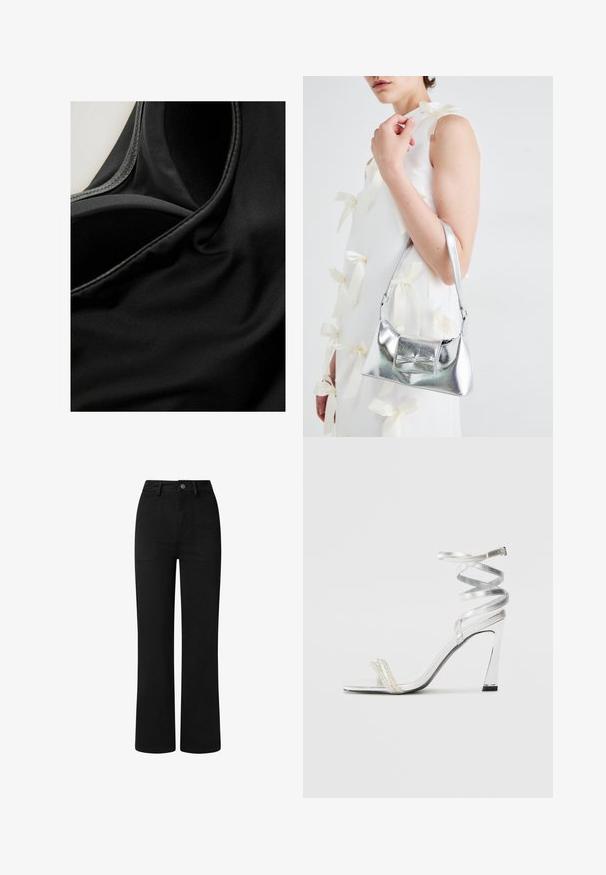 Schwarzer Stoff mit glatter Textur und leichtem Glanz, der Nähte und Falten zeigt, was auf ein elastisches Material hindeutet, möglicherweise für Sportbekleidung.; Schwarze, hochgeschnittene Hose mit geradem Bein, aus glattem Baumwollstoff. Mit frontalen Taschen und einem einfachen Metallknopfverschluss.; Silberne High-Heel-Sandale mit einem glänzenden Riemen-Design, das einen perlenähnlichen Akzent und einen spiralförmigen Knöchelriemen für einen sicheren Sitz bietet.; Silberne metallische Handtasche mit strukturierter Form, ausgestattet mit einem oberen Griff und einer Schleifenapplikation auf der Vorderseite. Glatte Textur, reflektierendes Finish.; Silberne Creolen mit einem glatten, runden Design und einer polierten Oberfläche. Sie sind dünn und leicht und verfügen über einen einfachen Verschluss.