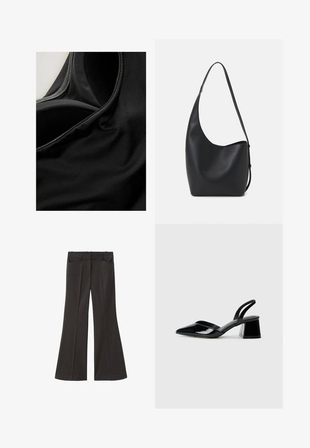 Tela negra con una textura suave y un ligero brillo, que muestra costuras y pliegues, sugiriendo un material elástico, potencialmente para ropa deportiva.; Pantalones de campana negros con cintura alta; cuentan con dos bolsillos frontales y una textura de tela suave. Adecuados para diversas ocasiones.; Zapatos de tacón slingback de charol negro con punta afilada y tacón geométrico en bloque. Presentan un diseño elegante y minimalista, así como una textura suave.; Bolso tipo hobo de cuero negro con una textura suave, forma curvada y una sola correa ajustable; presenta una amplia apertura en la parte superior.