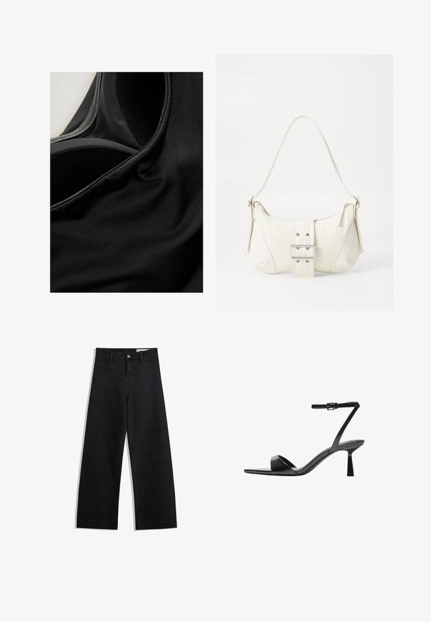 Schwarzer Stoff mit glatter Textur und leichtem Glanz, der Nähte und Falten zeigt, was auf ein elastisches Material hindeutet, möglicherweise für Sportbekleidung.; Schwarze weit geschnittene Jeans mit hoher Taille, ausgestattet mit Vorder- und Hintertaschen, gesteppten Nähten und einem Knopfverschluss. Glatte Textur.; Bershka High Heel Sandalette - black; Weiße Schultertasche mit texturierter Oberfläche, zentralem Schnallenakzent und geschwungener Form. Reißverschluss an beiden Seiten.