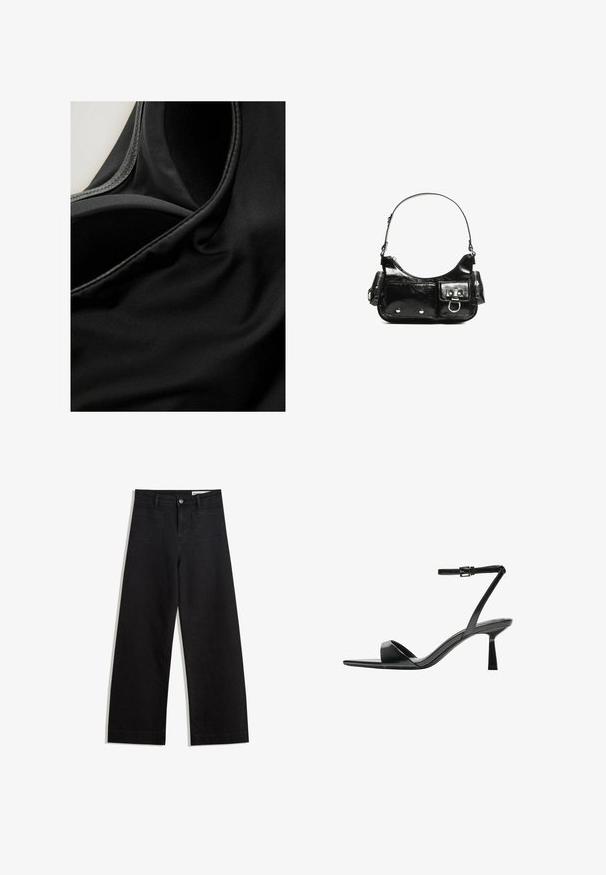 Black fabric featuring smooth texture with a slight sheen, showing seams and folds, suggesting a stretchy material, potentially for activewear.; Black wide-leg denim pants with a high waist, featuring front and back pockets, stitched seams, and a button closure. Smooth texture.; Bershka High heeled sandals - black; Black patent leather handbag with a curved shape, one shoulder strap, front pockets, and silver-tone hardware accents.