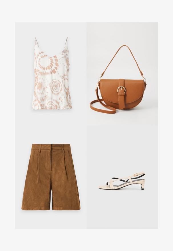 Hvid top med v-hals, delikate spaghettistropper og et ferskenfarvet tie-dye mønster. Letvægts, blød tekstur med et svævende design.; Brune ruskindsshorts med en glat tekstur, der har forknytninger foran, en flad talje og en lige pasform.; Beige læder slingback sandal med krydsede stropper, lav hæl og sorte detaljer. Glat tekstur og minimalistisk design.; Brun læder crossbody taske med en buet form, guldfarvet hardware og en spændeaccent. Har en aftagelig skulderrem.