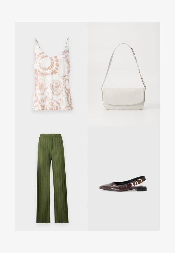 Valge v-kaelusega tank top, delikaatsed õhukesed rihmad ja virsiku värvi sidumine. Kerge, pehme tekstuur ja voolav disain.; Rohelised, volditud laiad püksid elastse vöökohtaga. Tekstuuritud kangas koosneb vertikaalsetest triipudest, mis loovad voolava välimuse.; RAID RUCHI - Baleriinad - brown; Valge nahast õlavarre kott, millel on sile viimistlus, ristkülikukujuline kuju, klapiga sulgemine ja reguleeritav rihm. Lihtne tikand