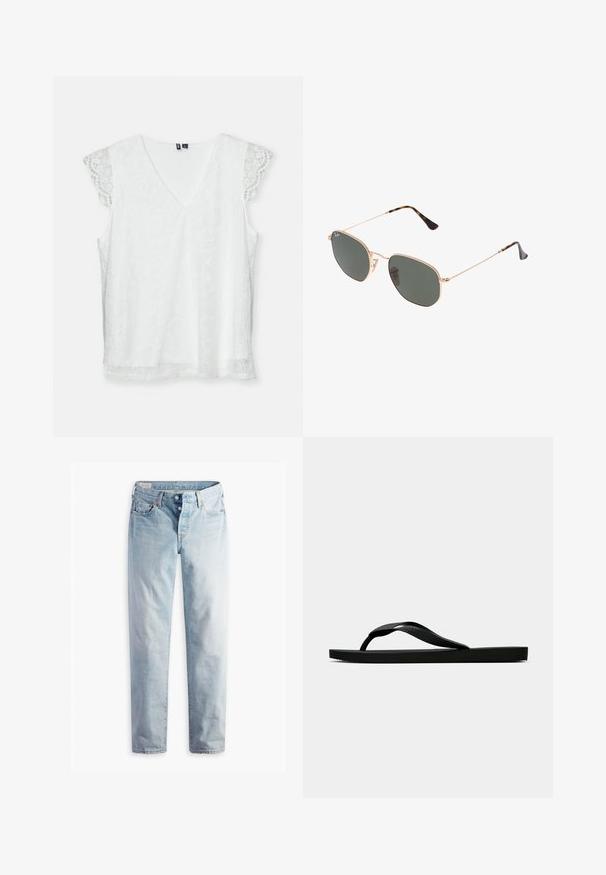 White sleeveless top with a V-neck, patterned lace fabric, and delicate scalloped lace sleeves. Features a relaxed fit and smooth texture.; Light blue denim jeans with a straight-leg cut, two front pockets, and two back pockets. Includes two-button fly and subtle stitching.; Black rubber flip-flop sandal with a textured thong strap and simple flat sole, shown from side on a plain light background.; Gold metal-frame sunglasses with dark green lenses, aviator style, featuring slim arms and tortoiseshell accents on the tips.