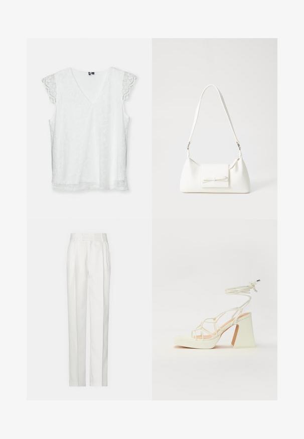Top branco sem mangas com decote em V, feito de um tecido de renda estampada, e com delicadas mangas de renda rendilhada. Apresenta um corte solto e uma textura suave.; Calças brancas com riscas verticais e um design de perna reta, feitas de um tecido leve. Apresentam pregas na frente e uma cintura tradicional.; Sandálias brancas de salto alto com um salto robusto, apresentando um design com tiras e amarração no tornozelo. Textura suave com uma plataforma na frente para altura adicional.; Mala sintética branca com formato triangular, aba frontal plana e detalhe de laço, alça ajustável, textura suave e design minimalista.