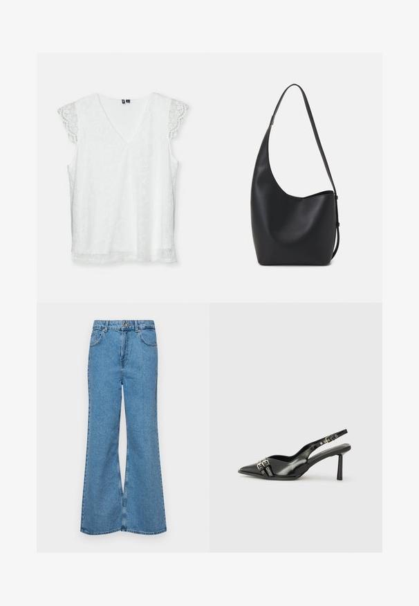 Balta be rankovių palaidinė su V formos iškirpte, raštuota nėriniuota medžiaga ir subtiliomis banguotomis nėrinių rankovėmis. Turi laisvą prigludimą ir sklandžią tekstūrą.; Šviesiai mėlynos flared džinsai, pagaminti iš džinsinio audinio, su aukštu liemeniu, penkiomis kišenėmis ir vienu mygtuko užsegimu. Minkštas paviršius su išblukusiu efektu.; Juodas lakuotas odinis batelis su smailiu pirštu, kulkšnies dirželiais su sidabrinėmis sagtimis ir detalėmis, bei plonu kulnu.; Juodas odinis hobo maišas su lygiu paviršiumi, kreipta forma ir viena reguliuojama rankena; turi platų atidarymą viršuje.