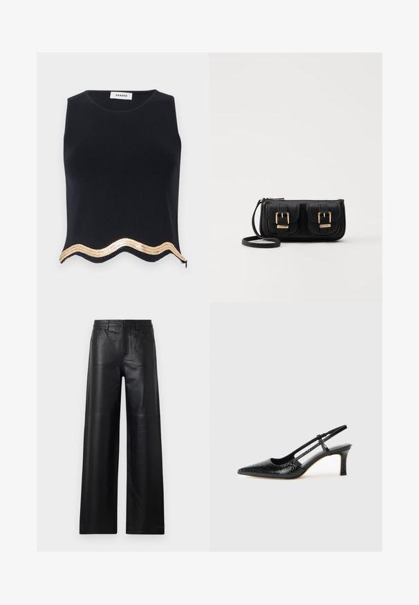 Zwarte mouwloze top met een textuurafwerking, voorzien van een scalloped zoom versierd met gouden pailletten en een discrete zijrits.; Zwarte leren broek met wijde pijpen en een gladde textuur, voorzien van voorzakken, een knoopsluiting en subtiele stiksels.; Zwart patent slingback hak met een spitse neus, voorzien van een gestructureerde slangenprint, verstelbare band en een korte, gestructureerde blokhak.; Zwarte leren schoudertas met twee vo pockets, gouden gespen, ritsluiting en een smalle band. Tekstuur oppervlak en compacte rechthoekige vorm.