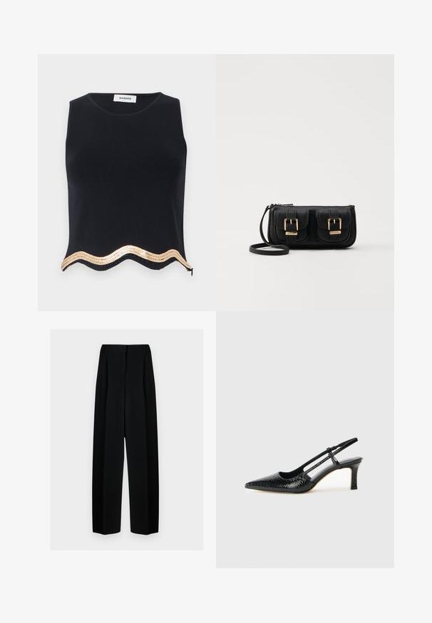 Top nero senza maniche con finitura testurizzata, caratterizzato da un orlo scallop decorato con paillettes dorate e una cerniera laterale discreta.; Pantaloni neri a gamba larga con vita alta, dotati di pieghe e una texture liscia. Il tessuto sembra leggero e si drappeggia in modo elegante.; Slingback con tacco in vernice nera con punta affusolata, caratterizzato da una stampa a serpente testurizzata, cinturino regolabile e un tacco corto e testurizzato.; Borsa a tracolla nera in pelle con due tasche frontali, fibbie dorate, chiusura con zip e una tracolla sottile. Superficie texturizzata e forma rettangolare compatta.