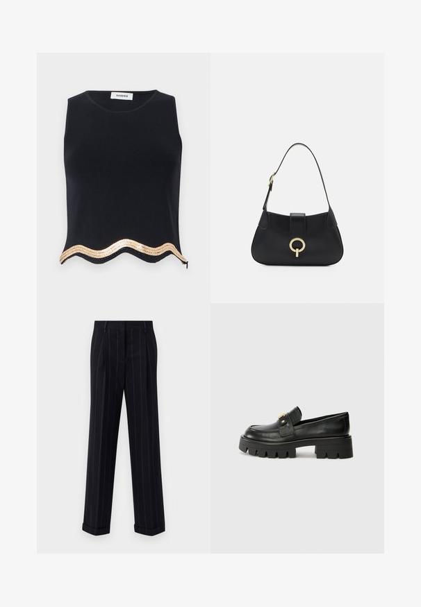 Must mustriga muste, tekstuuriga viimistlusega, millel on sakilised ääred, kaunistatud kuldsete sädelustega ja diskreetne külgtsipp.; Mustra mustriga tumeda värvusega püksid, millel on kohandatud lõige, varras ja ees olevad voldid. Valmistatud siledast kangast, millel on struktureeritud disain.; Mustast nahkfrontaalid, millel on paks tald, esiosas kullatooni aksent ja sile viimistlus. Talse paksu mustriga disain.; Must musta nahkrahakott, millel on kaarjas siluett, lühike rihm, keskmise kullatooni metalldetail ja sile tekstuur. Pole nähtavaid mustreid ega lisandeid.