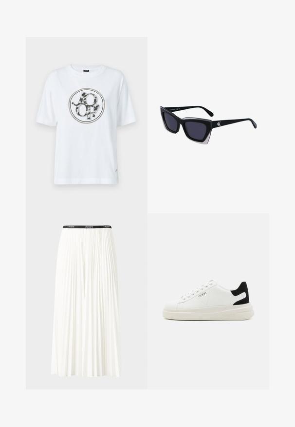 T-shirt blanc en coton avec un logo graphique rond à motif animal en noir et gris. Manches courtes et coupe décontractée.; Jupe plissée blanche avec une taille élastique noire portant le logo "LACOSTE". Design mi-long avec une texture douce.; Baskets en cuir blanc avec une épaisse semelle blanche, un accent en daim noir au niveau du talon et un logo embossé sur le côté. Design à lacets avec six œillets.; Lunettes de soleil noires surdimensionnées avec une forme géométrique, dotées de verres foncés et d'un détail gris contrastant sur la monture. Logo sur la branche.