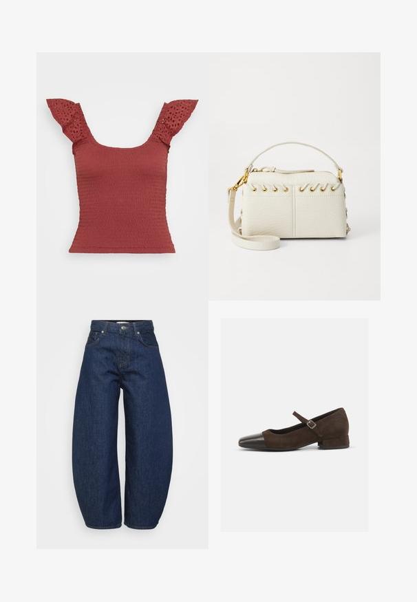 Červený smietaný top s krátkymi rukávmi s očkovým detailom. Má štvorcový výstrih a priliehavý strih, ktorý zvýrazňuje textúrovanú látku.; Tmavomodré rifle s vysokým pásom, širokými nohavicami, so zapínaním na prednom gombíku a zips, a klasickým dizajnom s piatimi vreckami.; Hnedé semišové topánky typu Mary Jane s čiernym lakovaným špičkovým krytom, nastaviteľným remienkom a nízkym blokovým podpätkom. Hladká textúra s minimálnymi akcentmi.; Biela kabelka z imitácie kože s vrchným zipsom, krátkym uchom a odnímateľným crossbody popruhom so zlatými kovovými detailmi. Bočné šnurovanie.; Strieborná kruhová náušnica s lesklým povrchom, obsahujúca malé zlaté akcenty a okrúhly tvar, nosená na lalôčiku ucha.