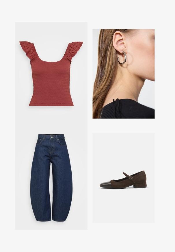Red smocked top with short, eyelet detail sleeves. Features a square neckline and a fitted silhouette, showcasing a textured fabric.; High-waist dark blue denim jeans with wide legs, front button and zipper closure, and classic five-pocket design.; Brown suede Mary Jane shoe with a black patent leather toe cap, adjustable strap, and a low block heel. Smooth texture with minimal accents.; Silver hoop earring with a polished finish, featuring small gold accent details and a round shape, worn on the lobe.