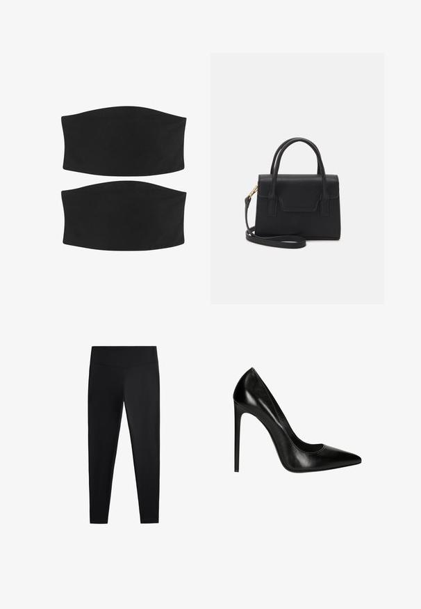 Due fasce per la testa in tessuto nero con una superficie liscia e senza cuciture, dal design curvo, adatte per diversi stili di capelli e attività.; Leggings neri realizzati in tessuto liscio e elasticizzato. Presentano una cintura larga e un design a gamba affusolata, adatti per un abbigliamento sia attivo che casual.; Décolleté neri in pelle con punta appuntita e superficie liscia. Presentano una silhouette elegante e un tacco a stiletto.; Borsa a mano strutturata nera in pelle con manico superiore, tracolla staccabile e dettaglio con pattina frontale. Accenti in hardware dorato.