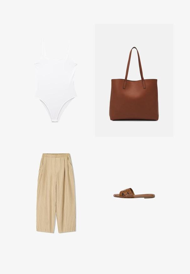 Valkoinen uimapuku, jossa on korkea lahje, ohuet olkaimet ja sileä, joustava kangas. Minimalistinen muotoilu, ei kuvioita tai koristeita.; Beige striped trousers with an elastic waistband, featuring two side pockets, a loose fit, and vertical black pinstripes for detail.; Ruskea nahkainen liukusandaali, jossa on ristikkäiset hihnat, tasapohja ja sileä pinta. Yksinkertainen muotoilu ilman koristeita tai kuvioita.; Ruskea nahkainen olkalaukku, jossa on sileä pinta, avoin yläosa ja kaksi olkahihnaa. Omaavat vain minimaalisen ompelun eikä näkyvää metalliosaa.