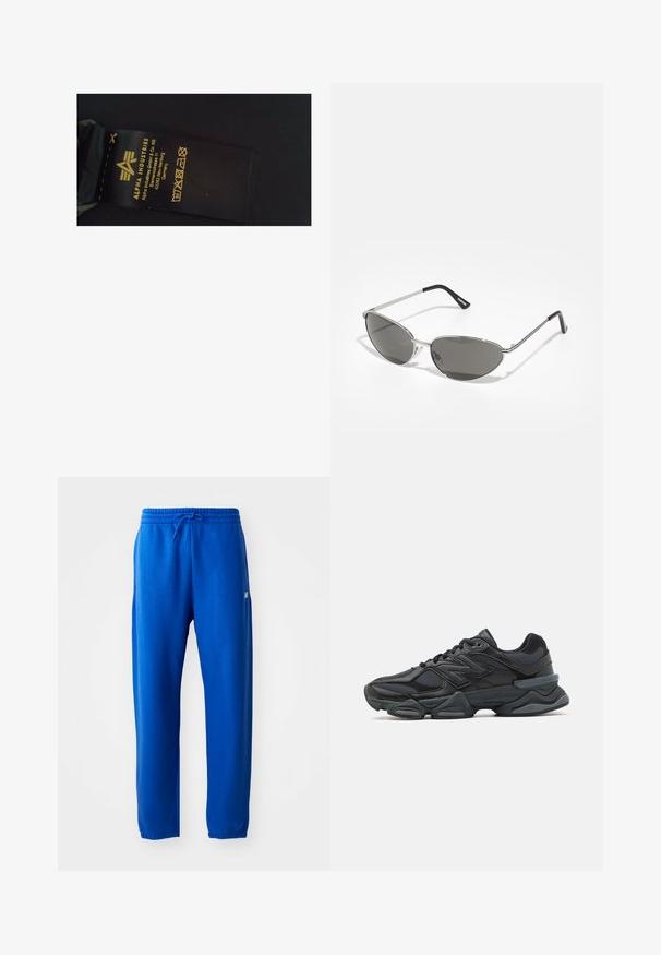 Zwart stoffen waslabel met gele tekst met daarop de merknaam "Alpha Industries", wasinstructies en fabricagegegevens.; Blauwe joggingbroek van zacht materiaal, met een elastische tailleband en trekkoord, taps toelopende pijpen en een klein logo detail aan de zijkant.; Zwarte hardloopschoen met een mix van mesh en synthetische materialen, een stevige zool, gebogen ontwerp en prominente branding op de zijkant.; Zonnebril met een slank, zilveren metalen frame, grijs getinte lenzen en een aerodynamisch ontwerp met puntige randen en dunne pootjes.