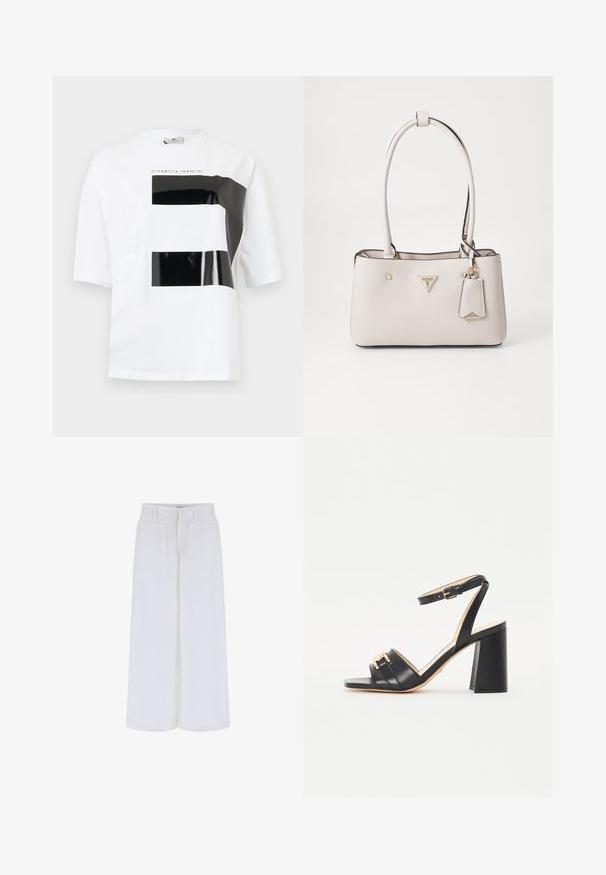 Bílý bavlněný tričko s krátkými rukávy, na přední straně se lesklým černým obdélníkovým grafickým designem s textem "ELISABETTA FRANCHI."; Bílé široké kalhoty s hladkým povrchem, včetně dvou předních kapes a zapínáním na knoflík, navržené pro uvolněný střih.; Černé podpatkové sandály vyrobené z hladké kůže, s čtveratou špicí, páskem kolem kotníku a zlatým akcentem vpředu.; Béžová kabelka z umělé kůže s hladkým povrchem, dvojitými popruhy na rameno, zlatými doplňky, logem a připojenou etiketou.