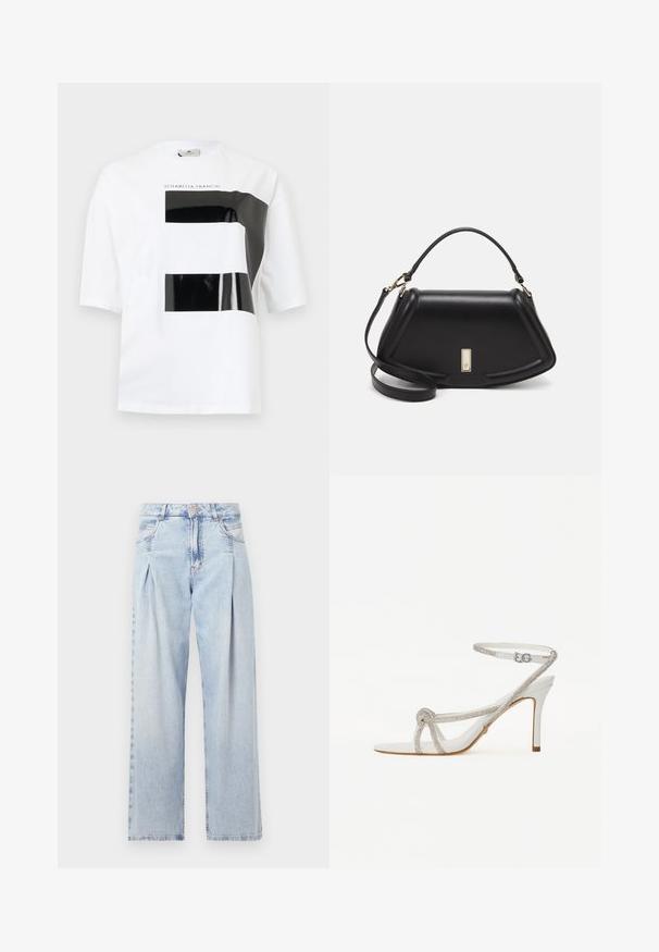 Vit bomulls t-shirt med korta ärmar, prydd med en blank svart rektangulär grafisk design på framsidan, med texten "ELISABETTA FRANCHI."; Ljust blå denimjeans med hög midja, vida ben, två sidofickor och veckad design. Mjuk textur med en blekt finish.; Vit högklackad sandal med en texturerad rem prydd med rhinestones, öppen tå-design och ankelrem med justerbar spänne.; Svart läderhandväska med en strukturerad design, som har en avskuren form, ett handtag upptill och guldiga detaljer. Justerbar axelrem ingår.