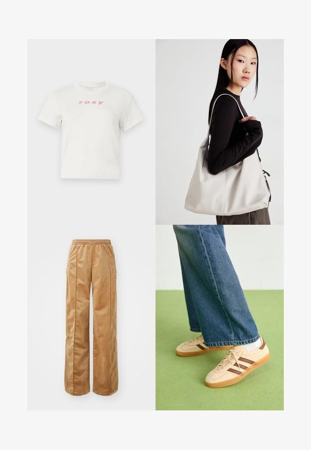 Bílý bavlněný tričko s krátkým rukávem a kulatým výstřihem, s růžovým logem "roxy" tištěným na přední straně. Standardní střih.; Hnědé široké kalhoty vyrobené z měkkého, sametového materiálu. Obsahují elastický pas a vertikální švy na přední straně pro zvýšení detailu.; Beige tenisky s texturovanými krémovými panely a hnědými pruhy, kombinované s modrými džínovými kalhotami. Džínsy mají široké nohavice a roztrhaný lem.; Beige kabelka vyrobená z měkkého materiálu, s volným designem, prošívanými detaily a dvěma ramenními popruhy. Vhodná pro každodenní použití.