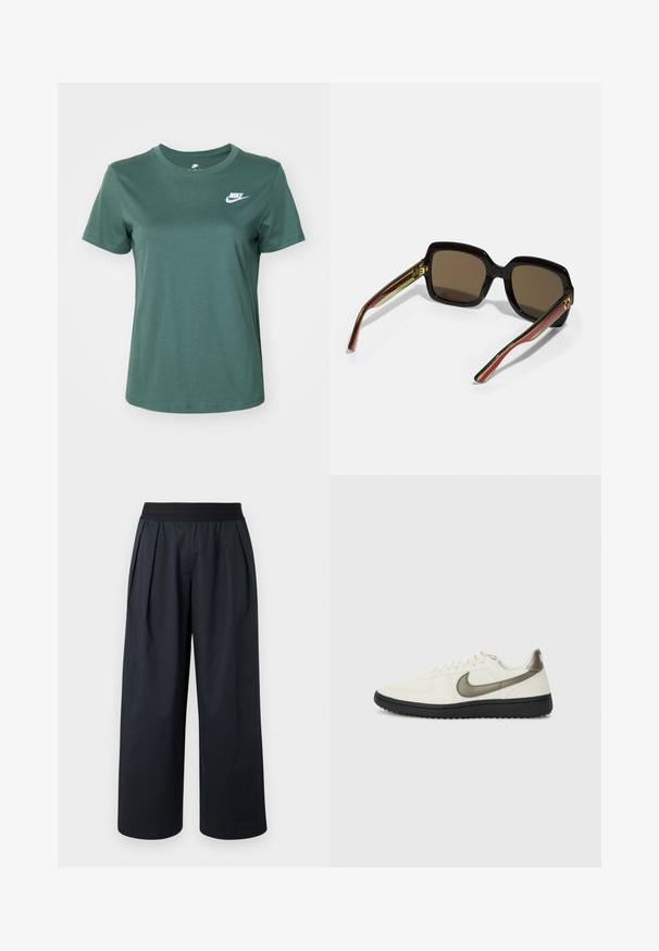Nike Sportswear - T-shirt basic; Czarne spodnie o szerokich nogawkach z plisowaną przednią częścią, elastycznym pasem i gładką fakturą tkaniny. Charakteryzują się luźnym krojem i skróconą długością.; Nike Sportswear - Sneakersy niskie; Czarne, oversize okulary przeciwsłoneczne z brązowymi soczewkami. Posiadają unikalne, prążkowane ramiona w zielono-czerwonym kolorze oraz złote akcenty. Kwadratowy kształt.